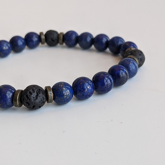 Lapis Lazuli and Lava Bead Stretch Bracelet - Picture 3 of 7